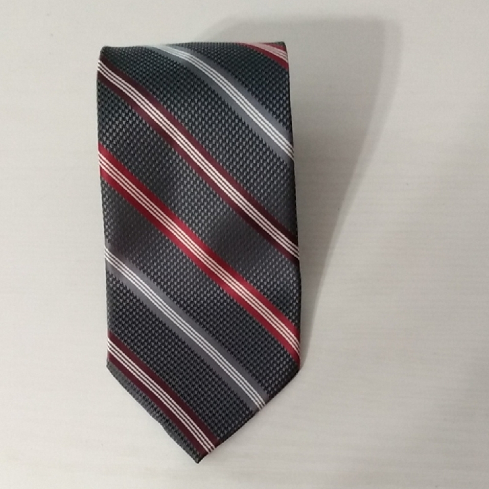 GEORGE Mens Striped‎ Necktie Dark Gray Red White Formal Business Accessory